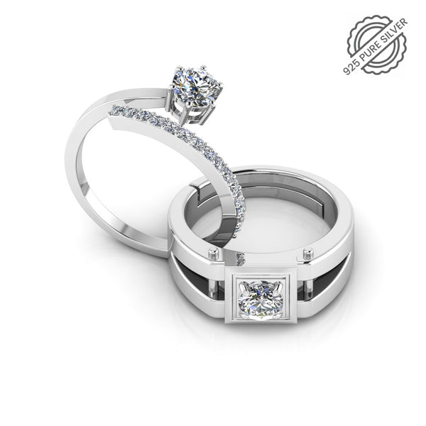 925 Sterling Silver Cubic Zircon Solitaire and Stardom Special Couple's Ring