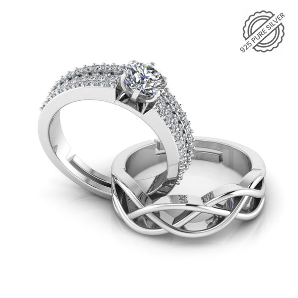 925 Pure Starling Silver Triple Lair Solitaire and Celtic Knot Couple's Ring