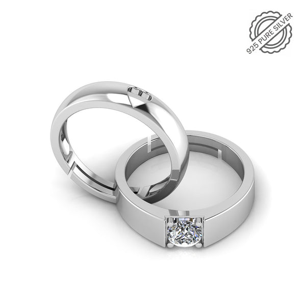925 Pure Silver Solitaire Diamond Crystal heart Free Size Ring For Couple's