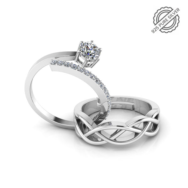 925 Sterling Silver Cubic Zircon Solitaire and Celtic Knot Couple's Ring
