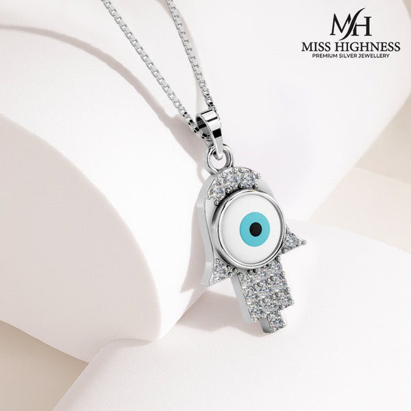 Pure 925 Silver Hamsa Hand Evil Eye Pendantwith chain