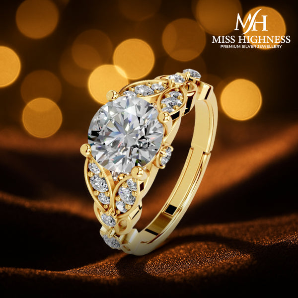 Miss Highness Gold-Plated 925 Silver Solitaire Ring for Women | CZ Embellished Vintage Floral Design