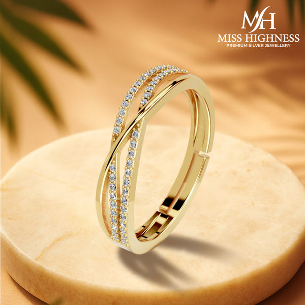 Miss Highness Gold-Plated 925 Silver Crossover CZ Ring for Women | Elegant Triple Band Design