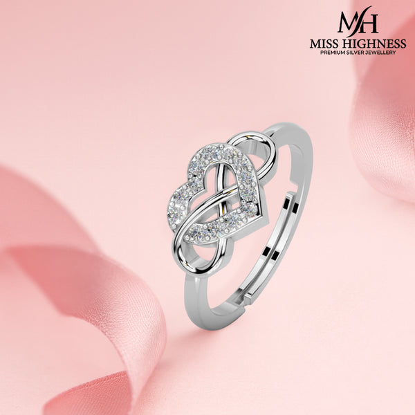 925 Sterling Silver Adjustable Heart Knot Ring with CZ Stones | Romantic Gift for Women & Girls