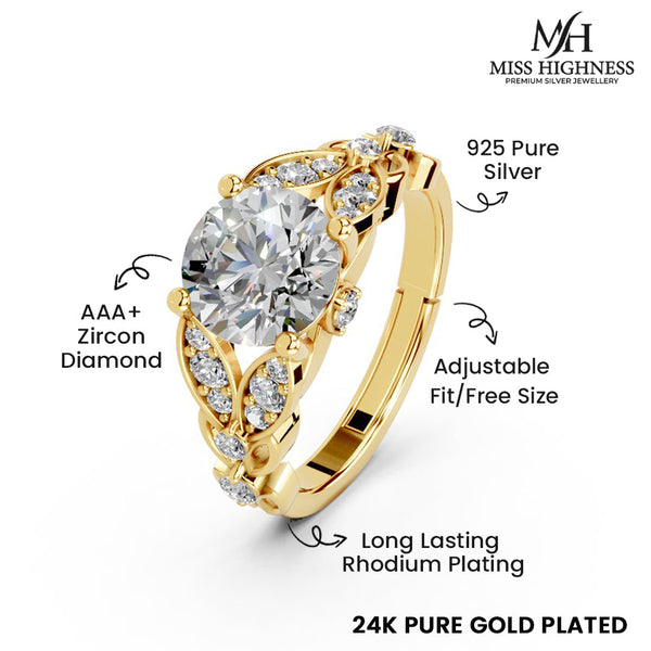 Miss Highness Gold-Plated 925 Silver Solitaire Ring for Women | CZ Embellished Vintage Floral Design