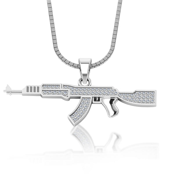 925 Pure Silver AK47 Gun White Iced  Pedant For Mens with Chain