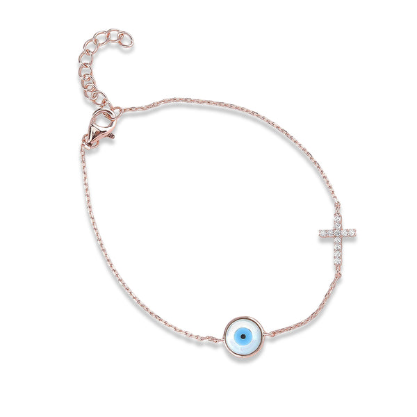 Evil Eye Rose Gold Plated Silver Bracelet with Cross