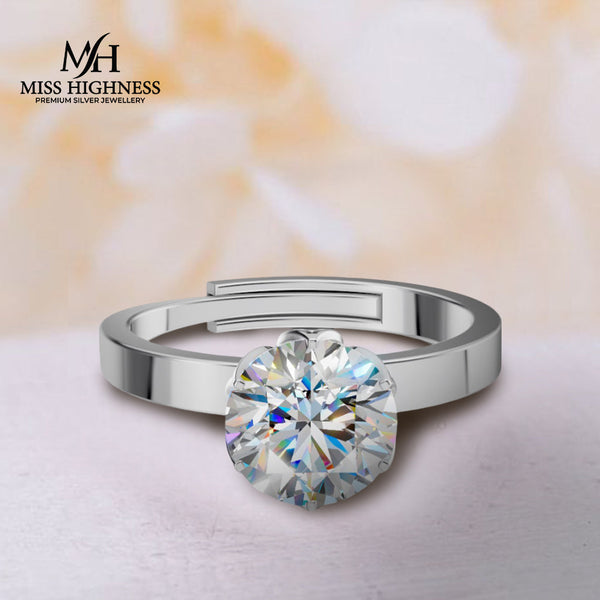 Miss Highness Sterling Silver Solitaire Ring with Round Brilliant Cut Crystal, Adjustable Ring For Women & Girl's