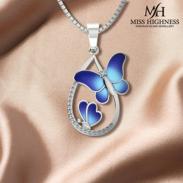 Pure 925 Silver Vintage Blue Butterfly Pendant with chain
