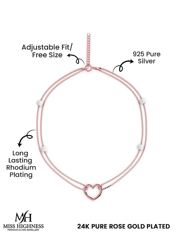 Miss Highness 925 Sterling Silver Adjustable 24K Pure Rose Gold Plated Heart Anklet for Women