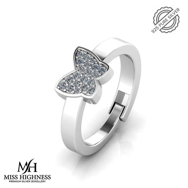 925 Sterling Silver Diamond studded Freesize Butterfly Ring