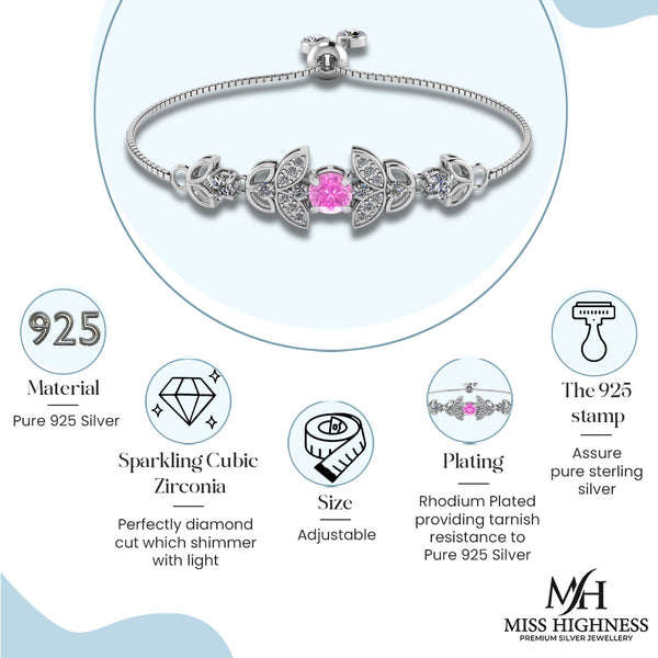 925 Sterling Silver Pink Crystal Diamonds Bracelet for Women and Girls