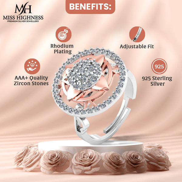 Pure 925 Silver Delicate Halo Rose Gold Stylish Ring For Ladies