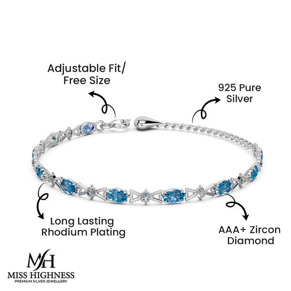 Miss Highness 925 Silver Blue CZ Bracelet with Crystals for Women – Elegant Adjustable Chain Design