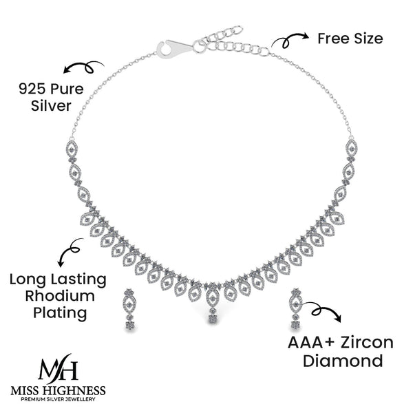 Miss Highness 925 Pure Silver Necklace Set Long Lasting Rhodium Plating | Elegant Free Size Bridal & Party Wear for Women