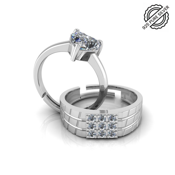Pure 925 Silver Cut Diamond Heart Couples Ring