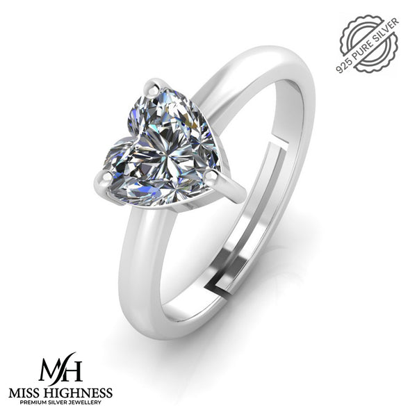 925 Sterling Silver Heart Shape Single Diamond Silver Ring