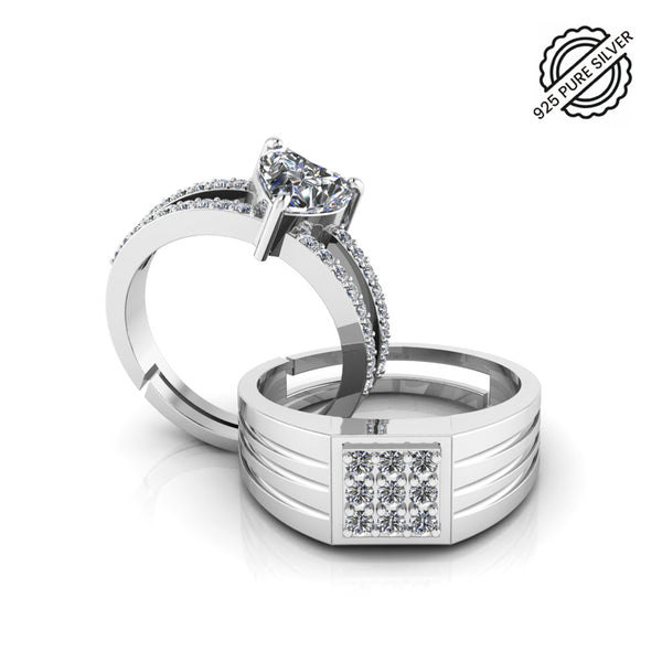 Pure 925 Silver Special Cluster Heart Shape Royal Couples Ring