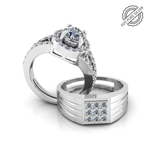 Pure 925 Silver Special Cluster Bride Boom Facet Couples Ring