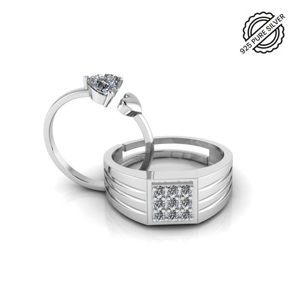 Pure 925 Silver Special Cluster Double Heart Couple's Ring