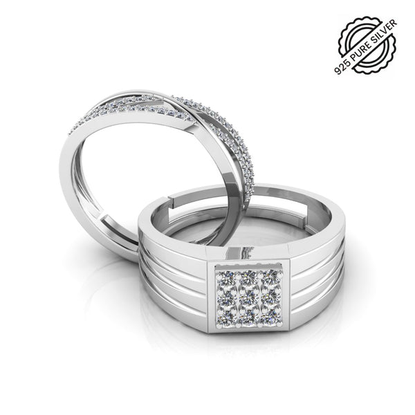 Pure 925 Silver Special Cluster Studded three line Couples Ring