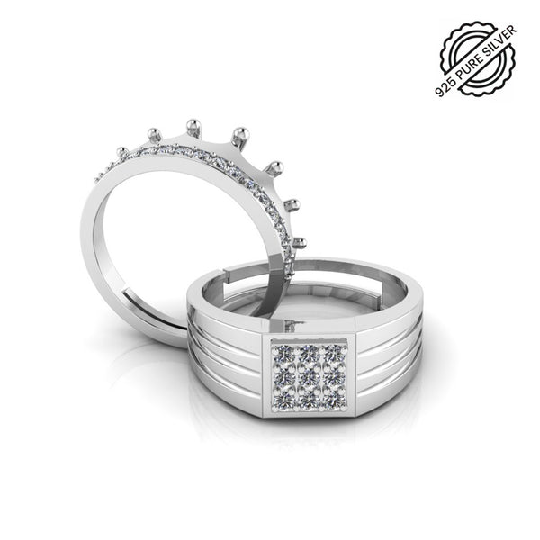 Pure 925 Silver Special Cluster Crown Couple's Ring