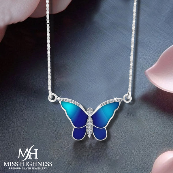 Pure 925 Silver Blue Butterfly Sparkle Pendant pendent with chain