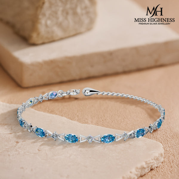 Miss Highness 925 Silver Blue CZ Bracelet with Crystals for Women – Elegant Adjustable Chain Design