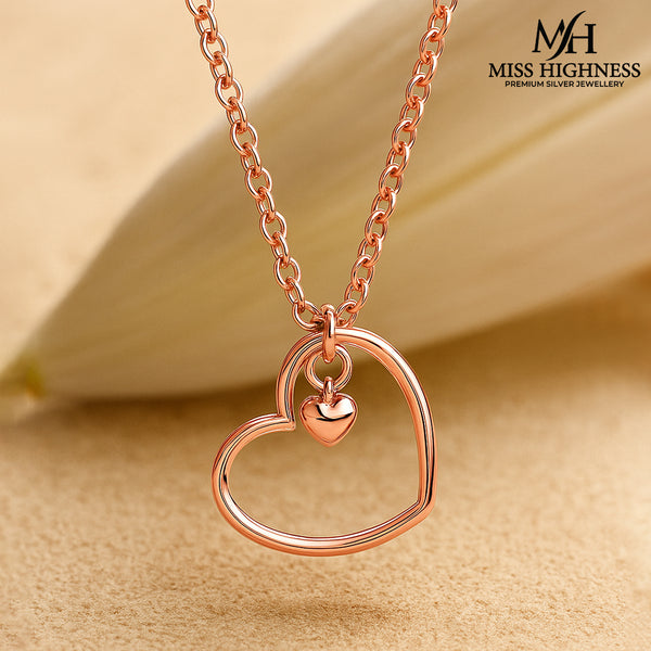 Miss Highness 925 Sterling Silver Rose Gold Plated Open Heart Pendant with Dangling Mini Heart Charm for Women