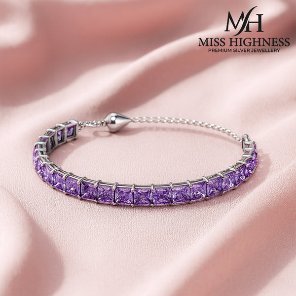 Miss Highness 925 Silver Adjustable Bracelet, Purple Zircon Diamond, Rhodium Plated Tennis Bracelet for Women