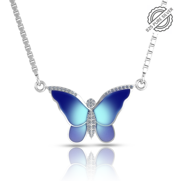 Pure 925 Silver Blue Butterfly Sparkle Pendant for Ladies