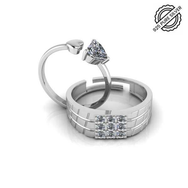 Pure 925 Silver Cut Diamond Double Heart Ring For Couples