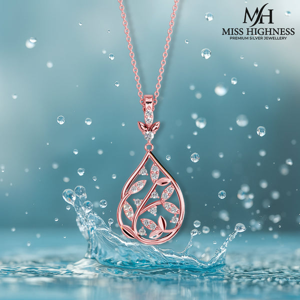 Miss Highness 925 Rose Gold Leaf Drop Pendant with Zircon Stones