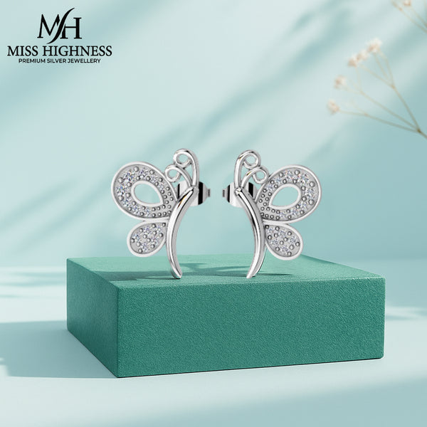 Miss Highness 925 Silver Butterfly Stud Earrings with Zircons For Women