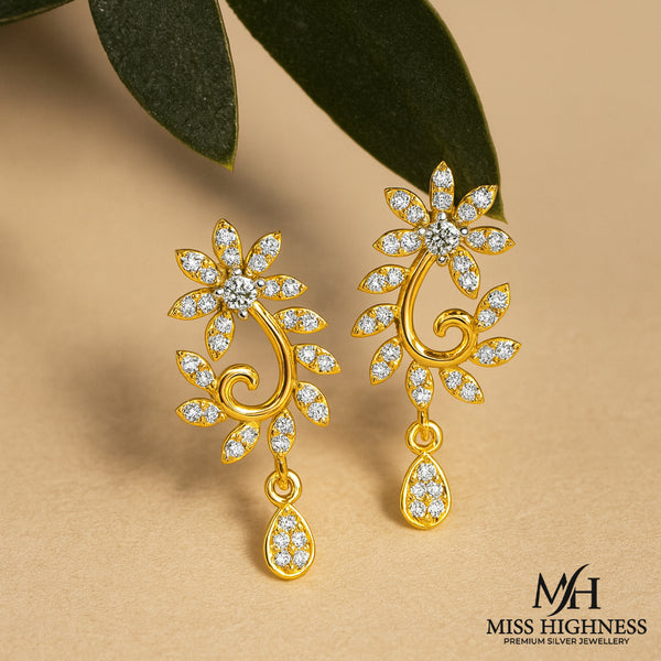 Miss Highness 925 Silver Floral Gold Drop Earrings with Zircons For Women
