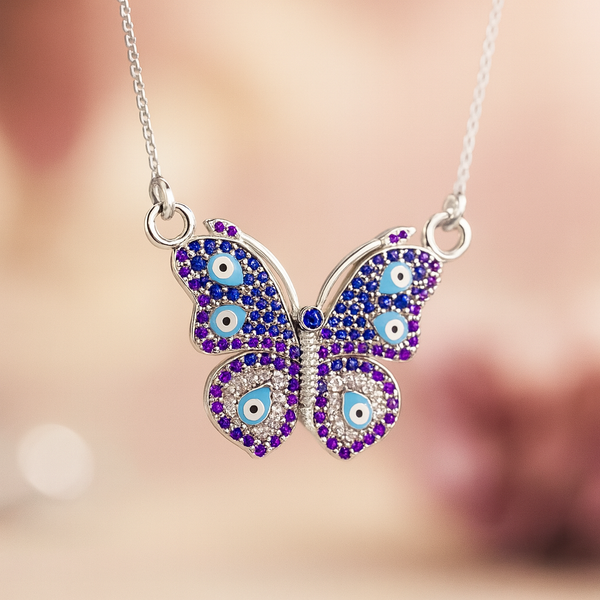 Evil Eye Butterfly Silver Necklace