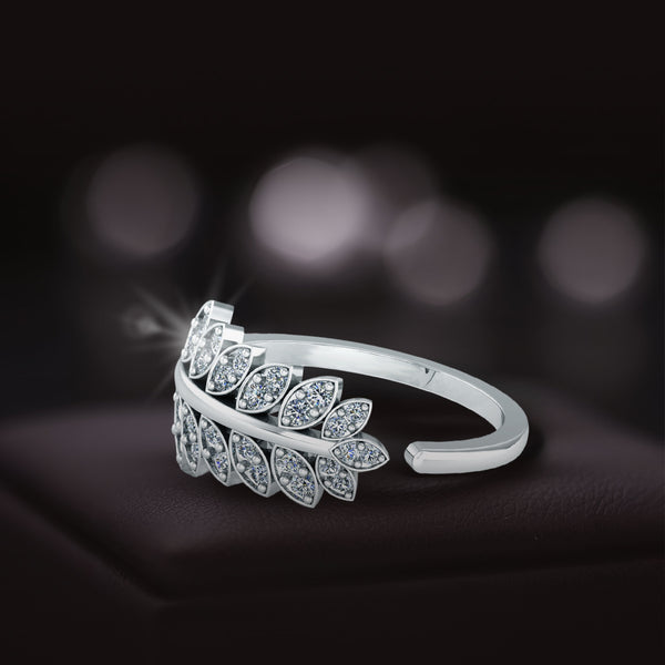 925 Sterling Silver leaf shape zircon studded Freesize Ring