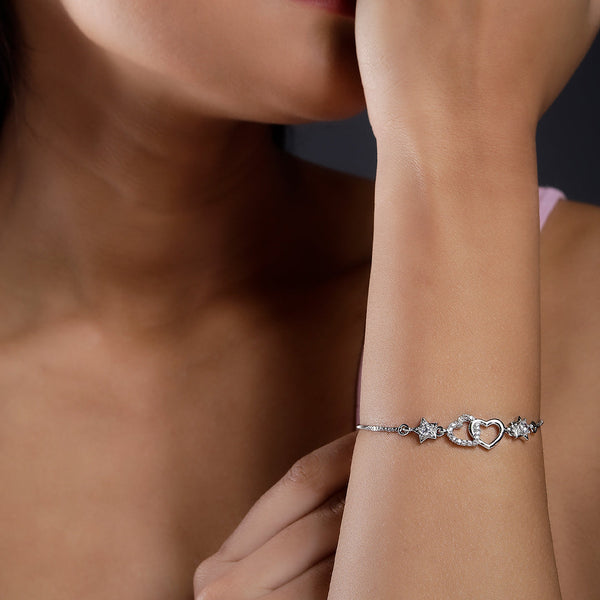 Pure 925 Silver Heart Charm Bracelet For Ladies