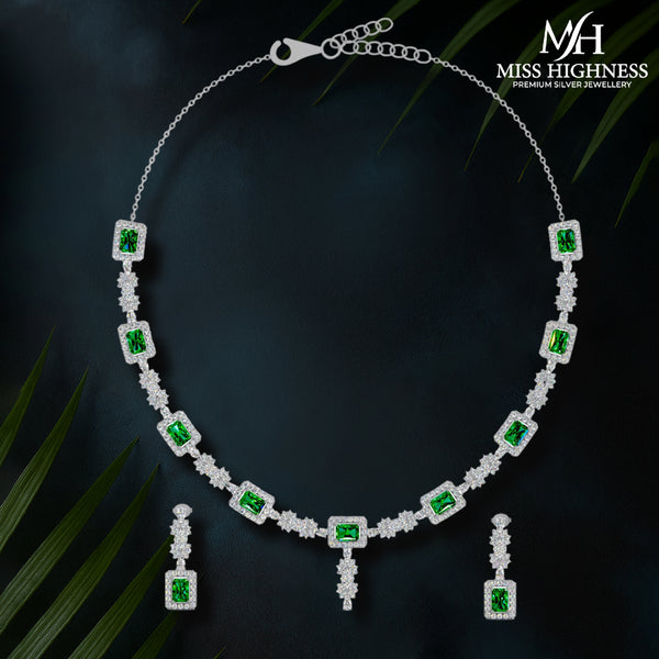 Miss Highness Emerald Green Necklace Set with American Diamonds | Bridal Jewelry for Women & Girls