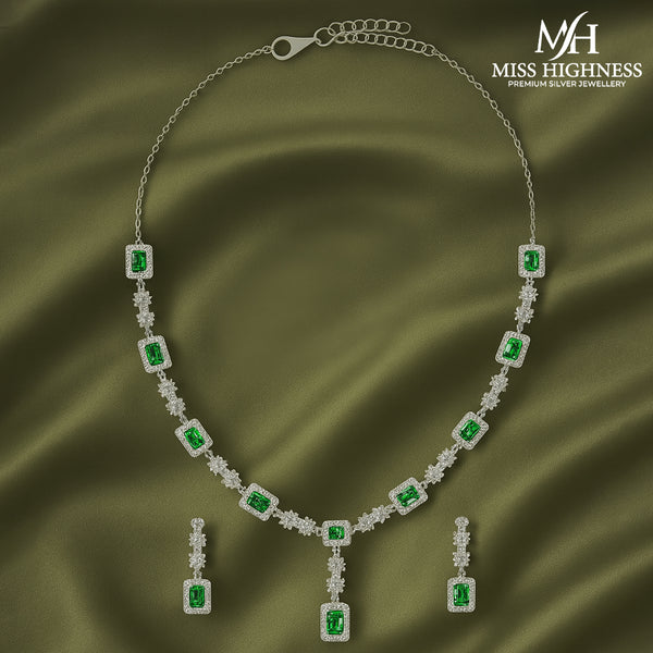 Miss Highness Emerald Green Necklace Set with American Diamonds | Bridal Jewelry for Women & Girls