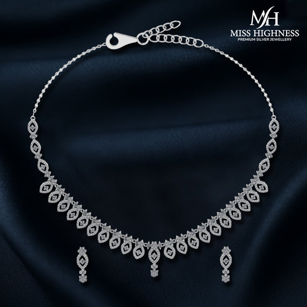 Miss Highness 925 Pure Silver Necklace Set Long Lasting Rhodium Plating | Elegant Free Size Bridal & Party Wear for Women