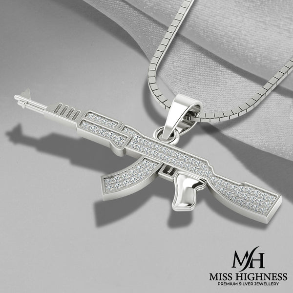 925 Pure Silver AK47 Gun White Iced  Pedant For Mens with Chain