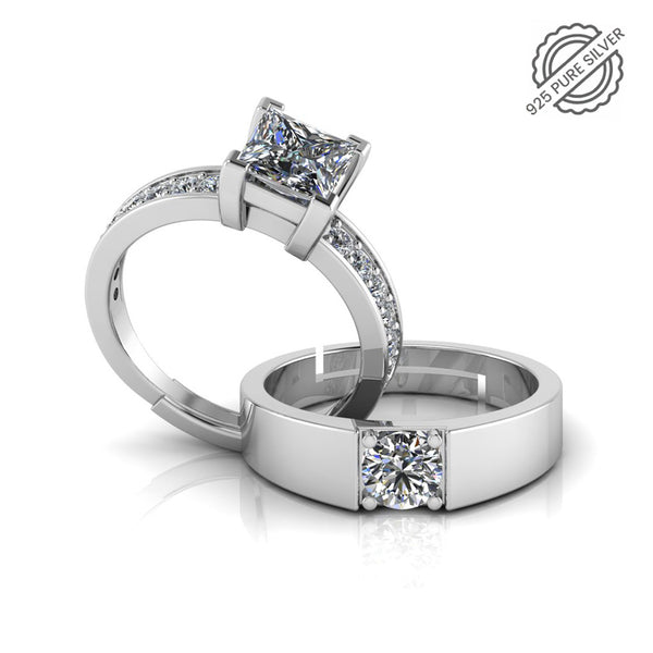 925 Sterling Silver Solitaire Princess Diamond Cut Ring For Couple's