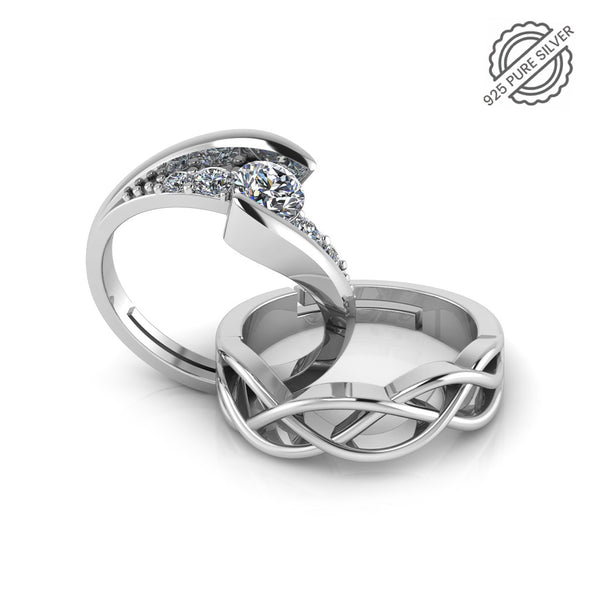 925 Crystal Sterling Silver Solitaire Diamond and Celtic Knot Couple's Ring