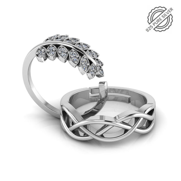 925 Sterling Silver Leaf Shape Zircon Studded and Celtic Knot Couple's Ring