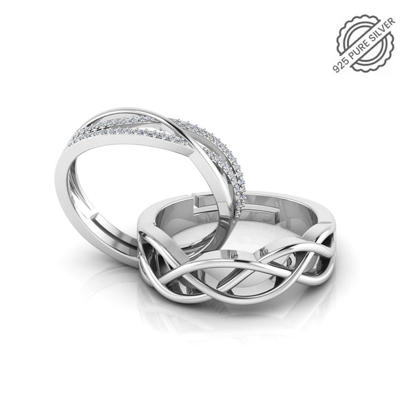 925 Sterling Silver Zircon Studded Three Line Free Size and Celtic Knot Couple's Ring