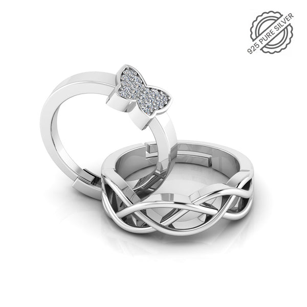 925 Sterling Silver Diamond Studded Free size Butterfly and Celtic Knot Couple's Ring