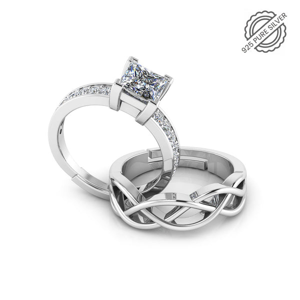 925 Pure Sterling Silver Princess Diamond Cut and Celtic Knot Couple's Ring