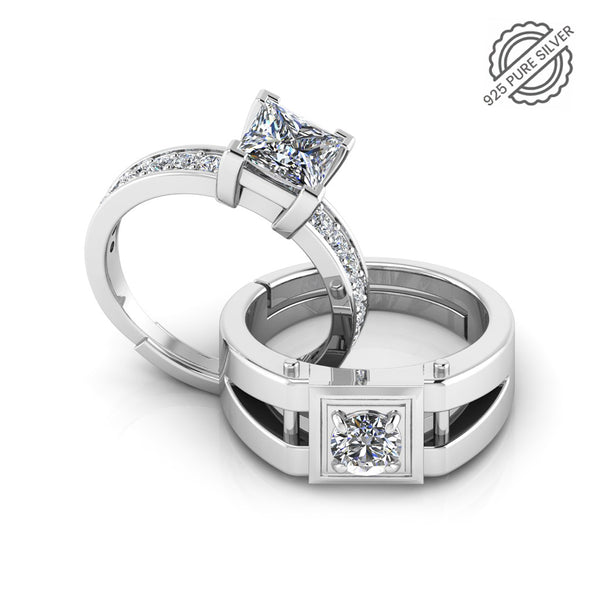 925 Pure Sterling Silver Princess Diamond and Stardom Special Couple's Ring