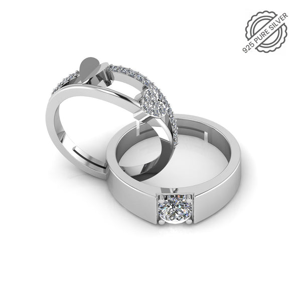925 Pure Silver Zircon Heart Solitaire Diamond Couple's Ring